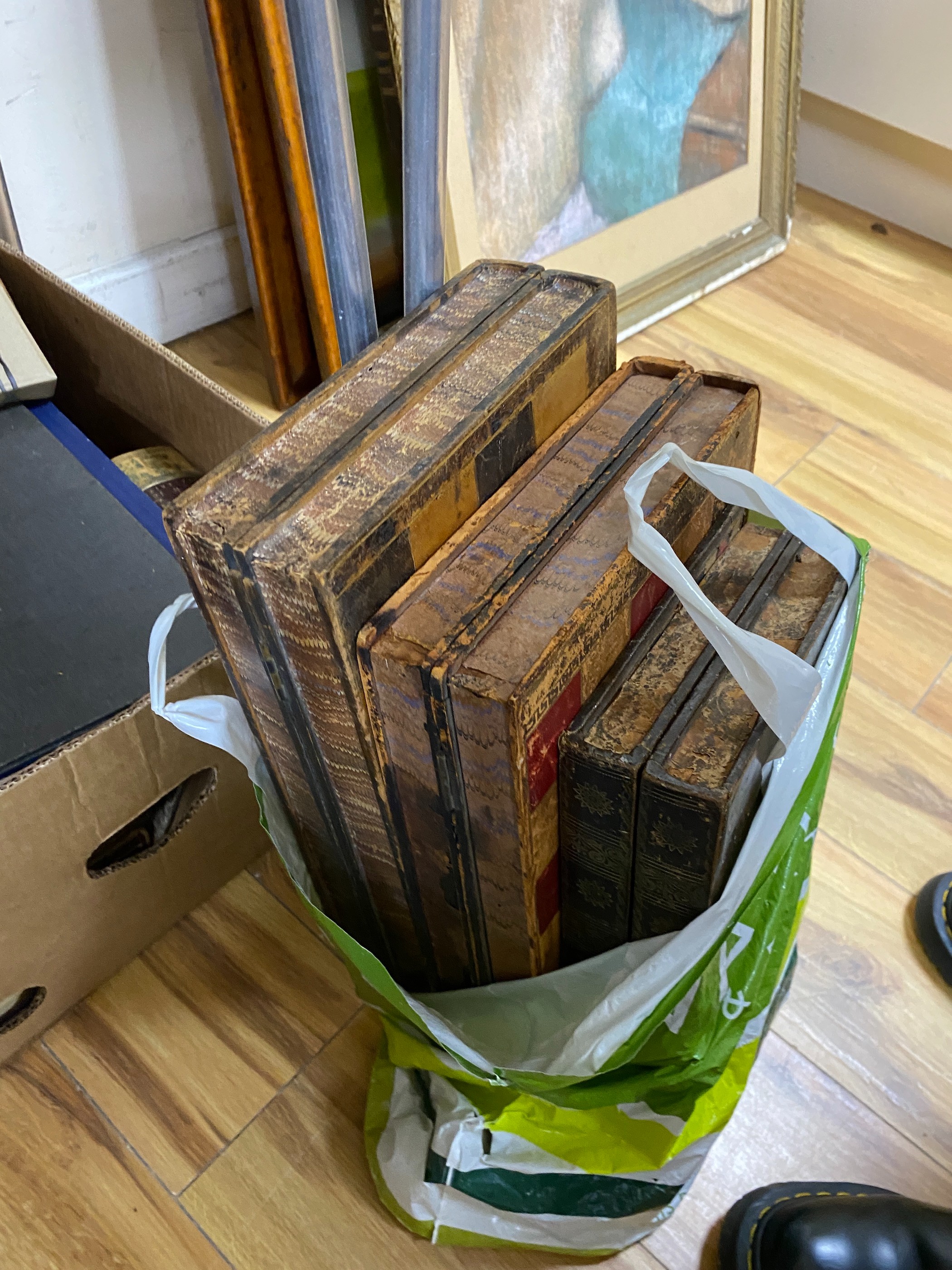 Box of books and three gamebooks/boards including Asprey's library